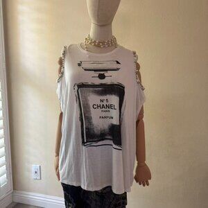 Chanel Oversized Sleeveless Wide Armholes Tank with Pearl Bead Decorations